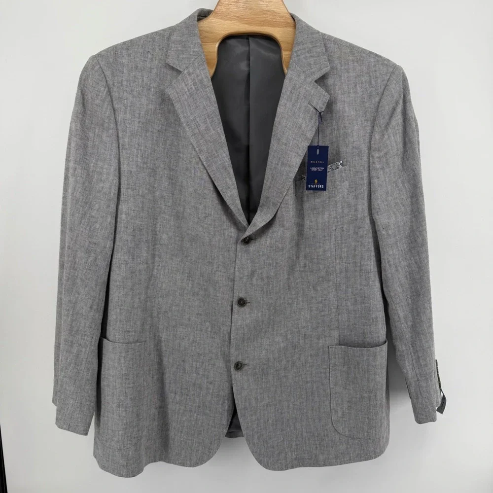 Stafford Sport Coat Mens 54 Long Grey Herringbone Linen Cotton Blazer Big & Tall